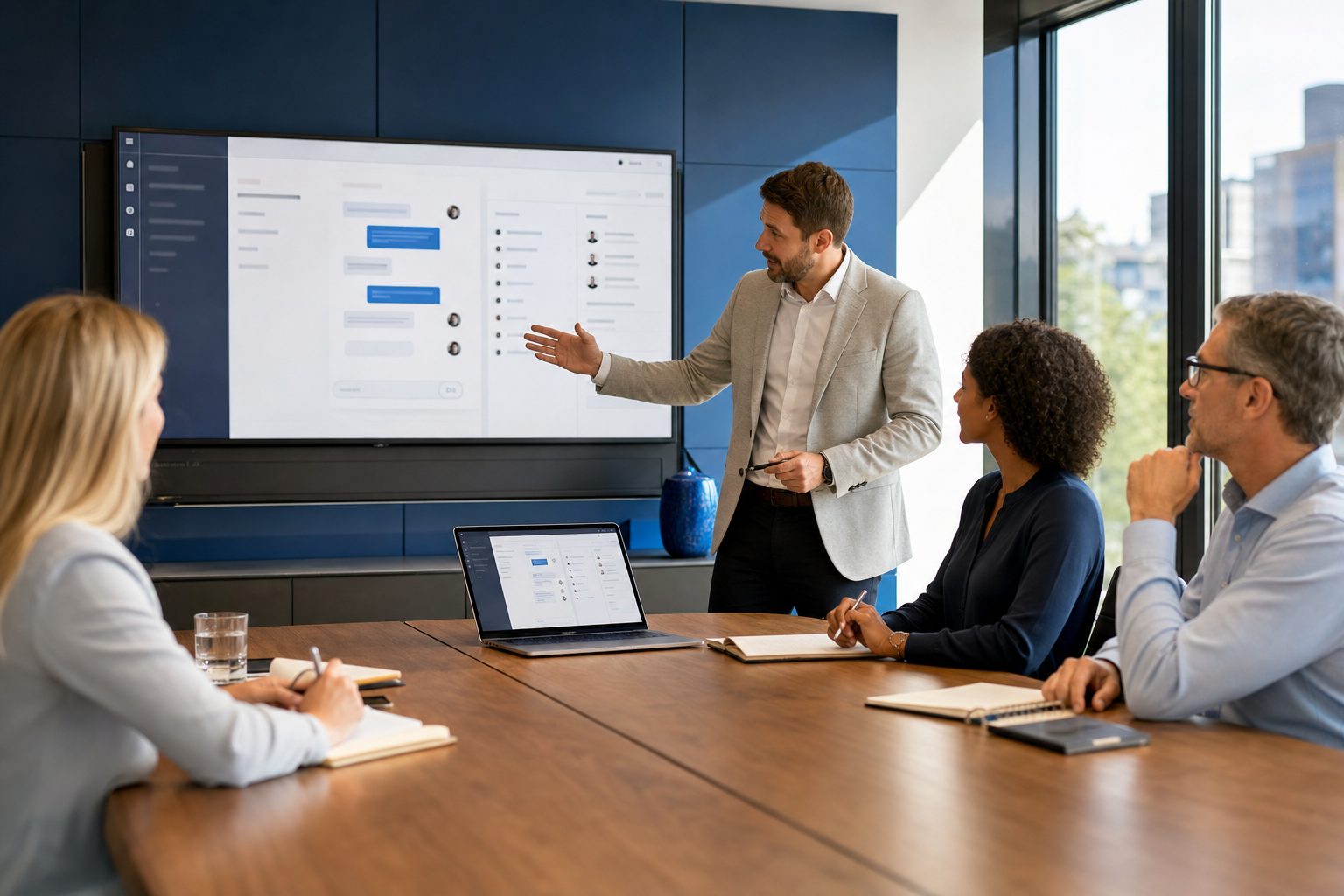 Business team training on a chatbot and CRM workflow
